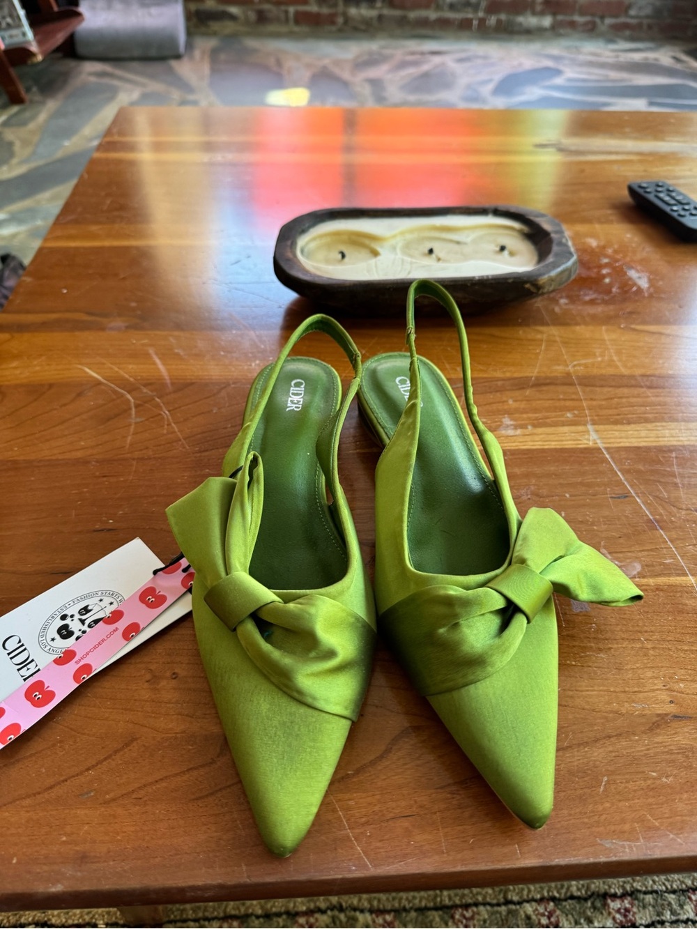 Cider Lime Green Satin Bow Slingback Pointed Flats